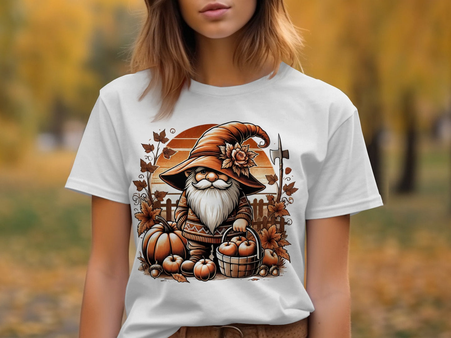 Autumn Gnome Harvesting Apples Graphic Print Hoodies - T-Shirts - Gnome Style