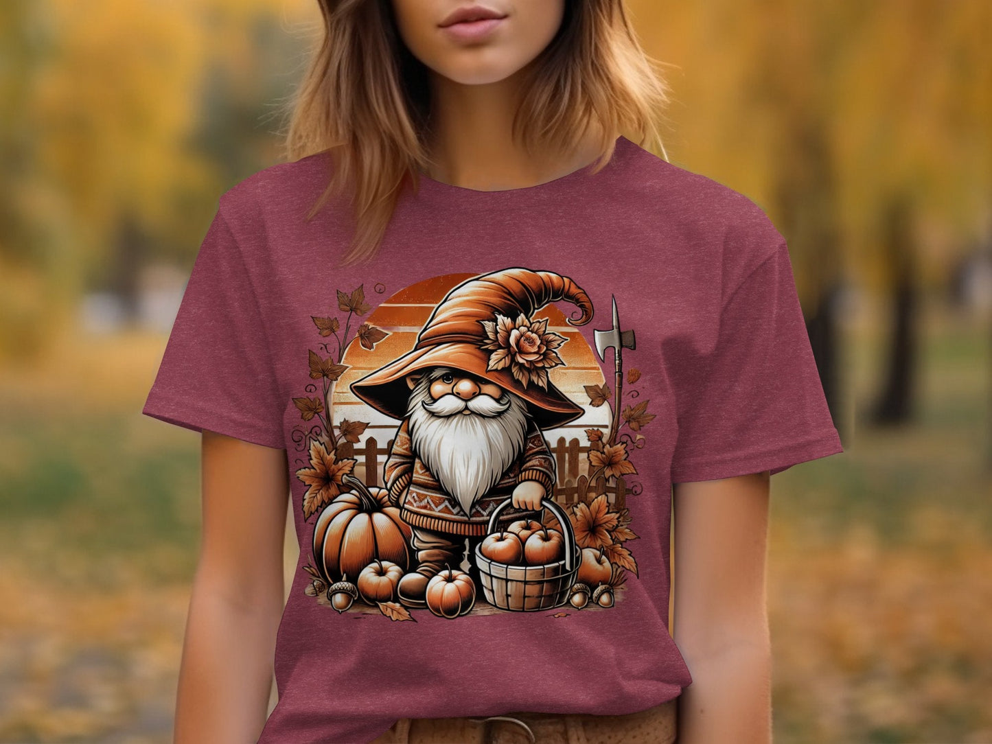 Autumn Gnome Harvesting Apples Graphic Print Hoodies - T-Shirts - Gnome Style