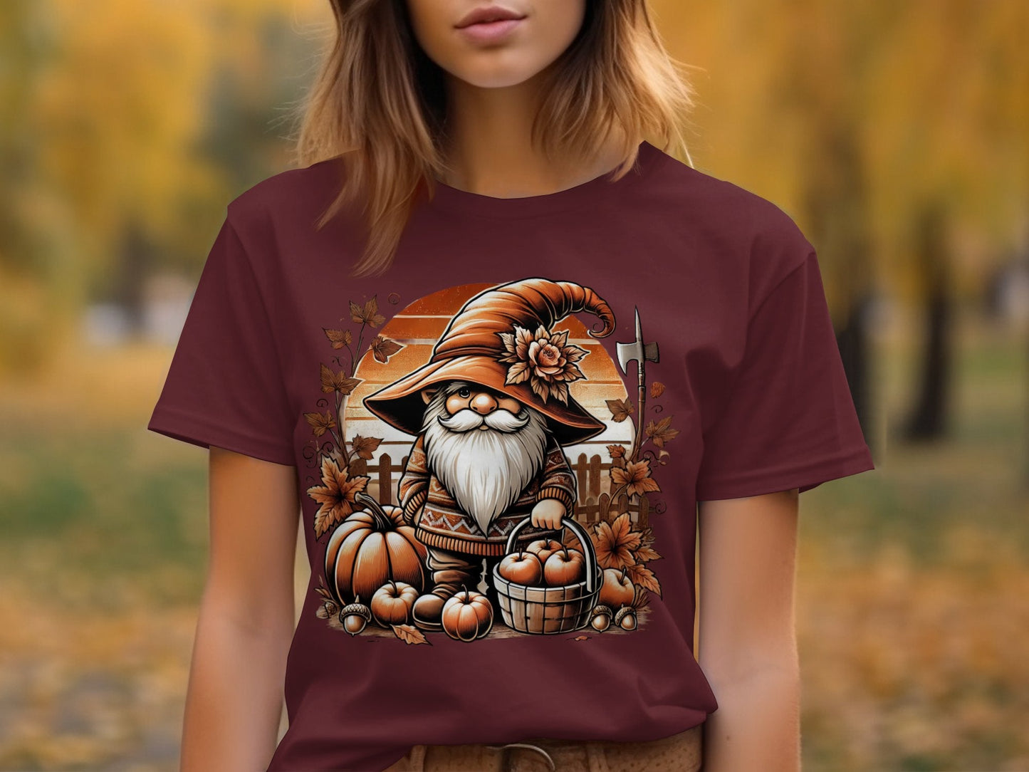 Autumn Gnome Harvesting Apples Graphic Print Hoodies - T-Shirts - Gnome Style