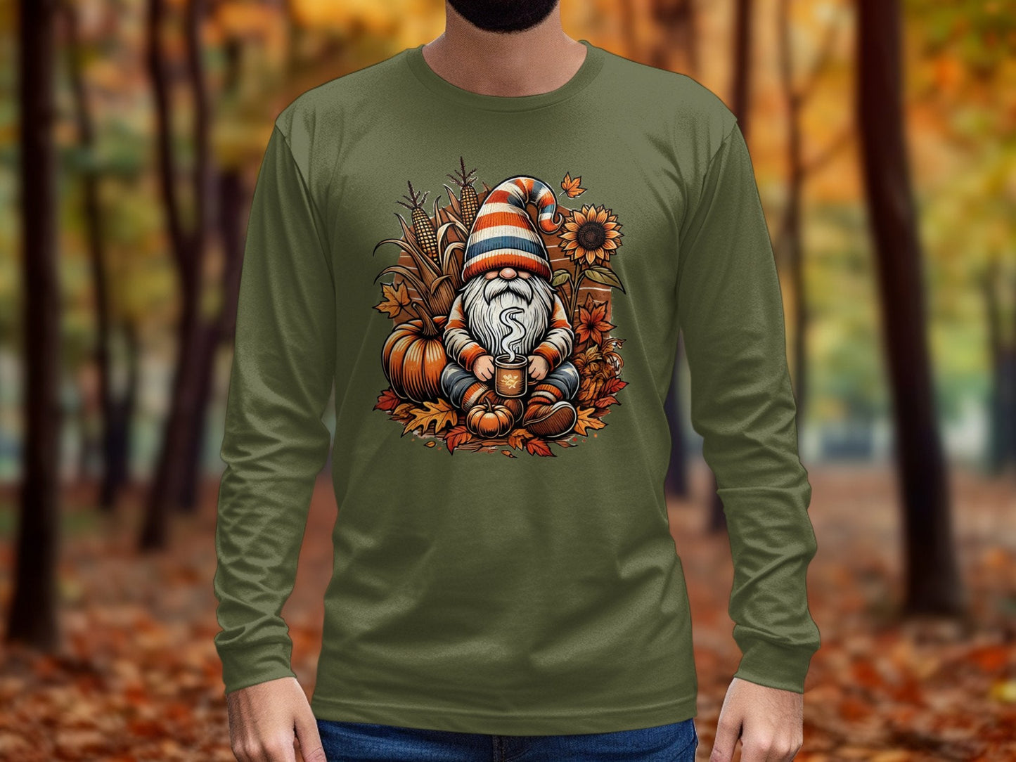 Cozy Autumn Gnome Illustration Long Sleeve T-Shirts - Long Sleeve T-Shirts - Gnome Style