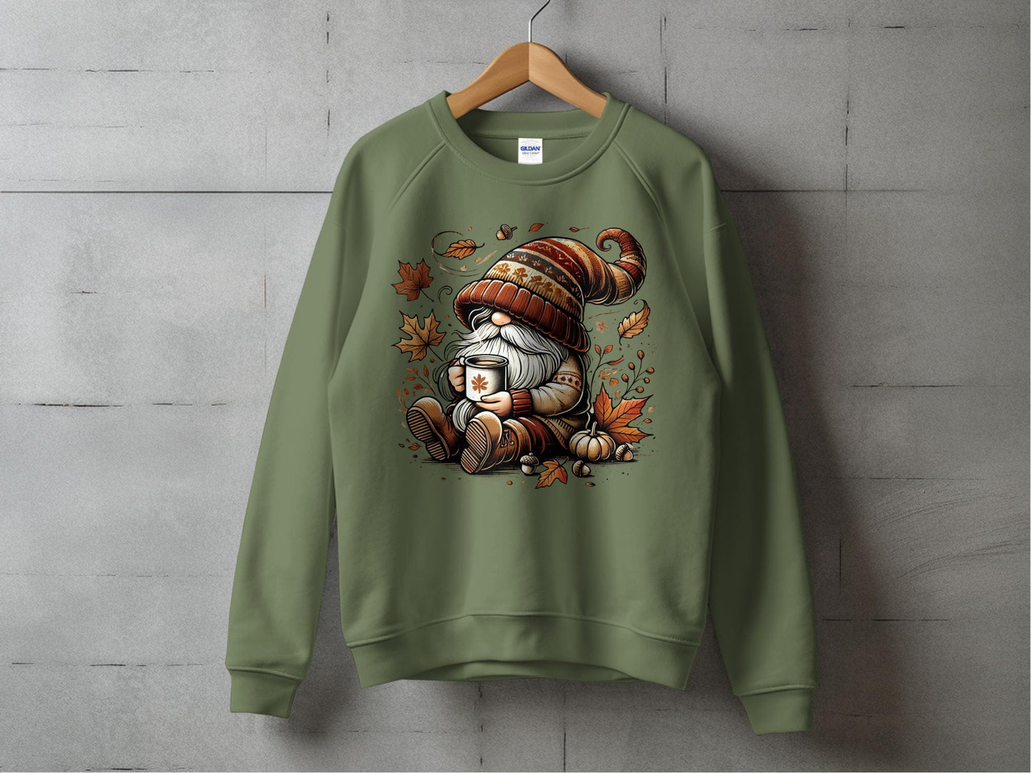 Cozy Fall Gnome Sweatshirt - Military Green - Gnome Style